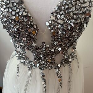 Silver and White Sequin Gown with V-Neck - NEW NO TAGS